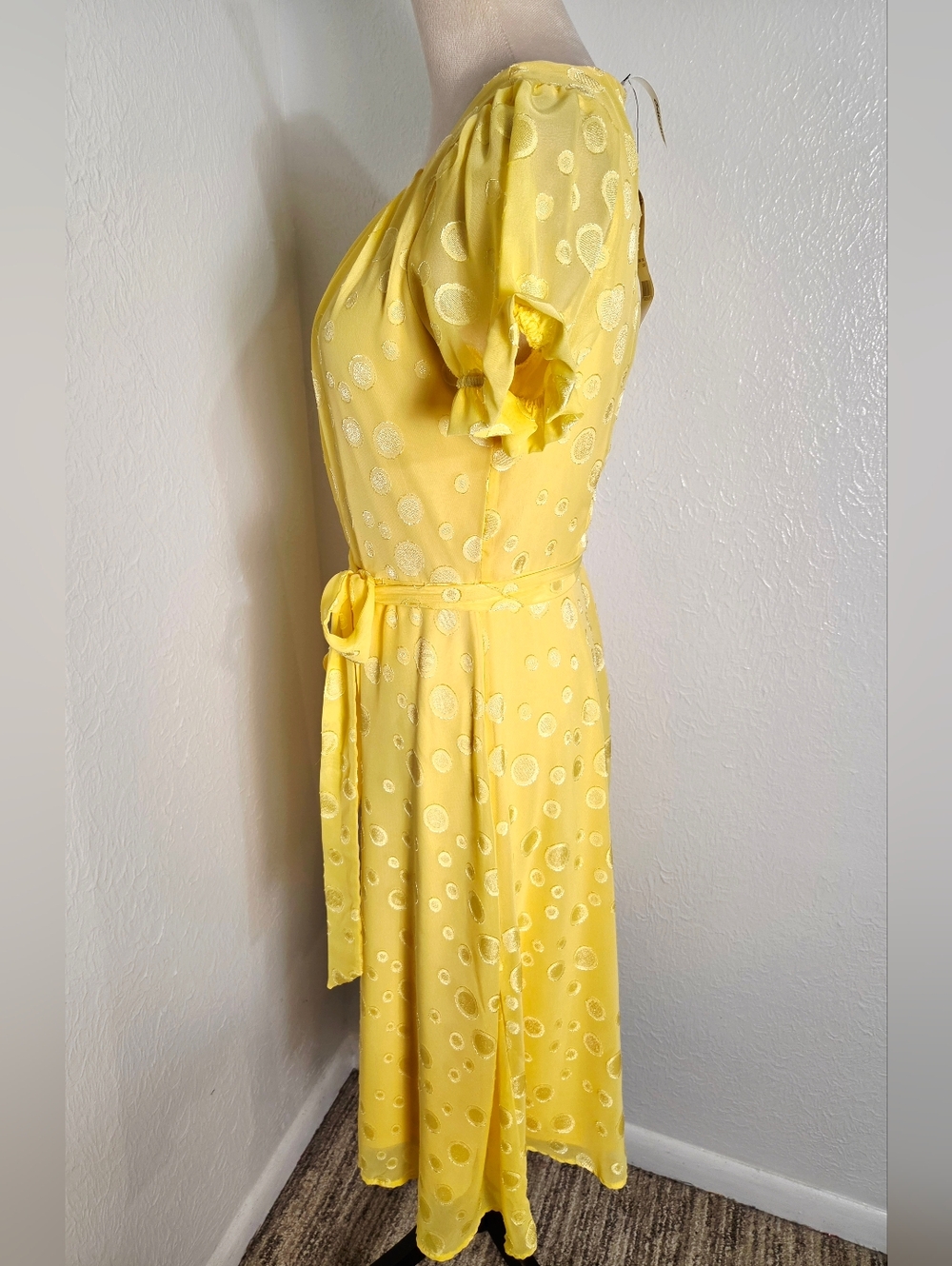 NY Collection Yellow Swiss Dot Tie-Waist Dress, Short Puff Sleeves, Size PM, NWT - Picture 8 of 14